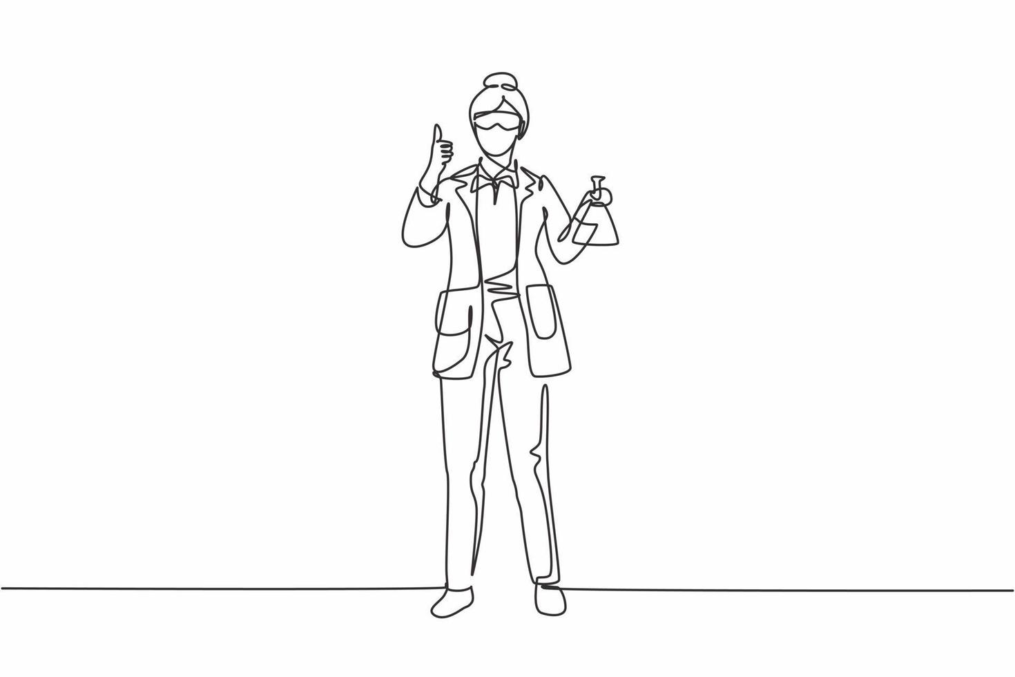 Single continuous line drawing female scientist stands with a thumbs-up gesture and holding a measuring tube filled with a chemical liquid. Dynamic one line draw graphic design vector illustration