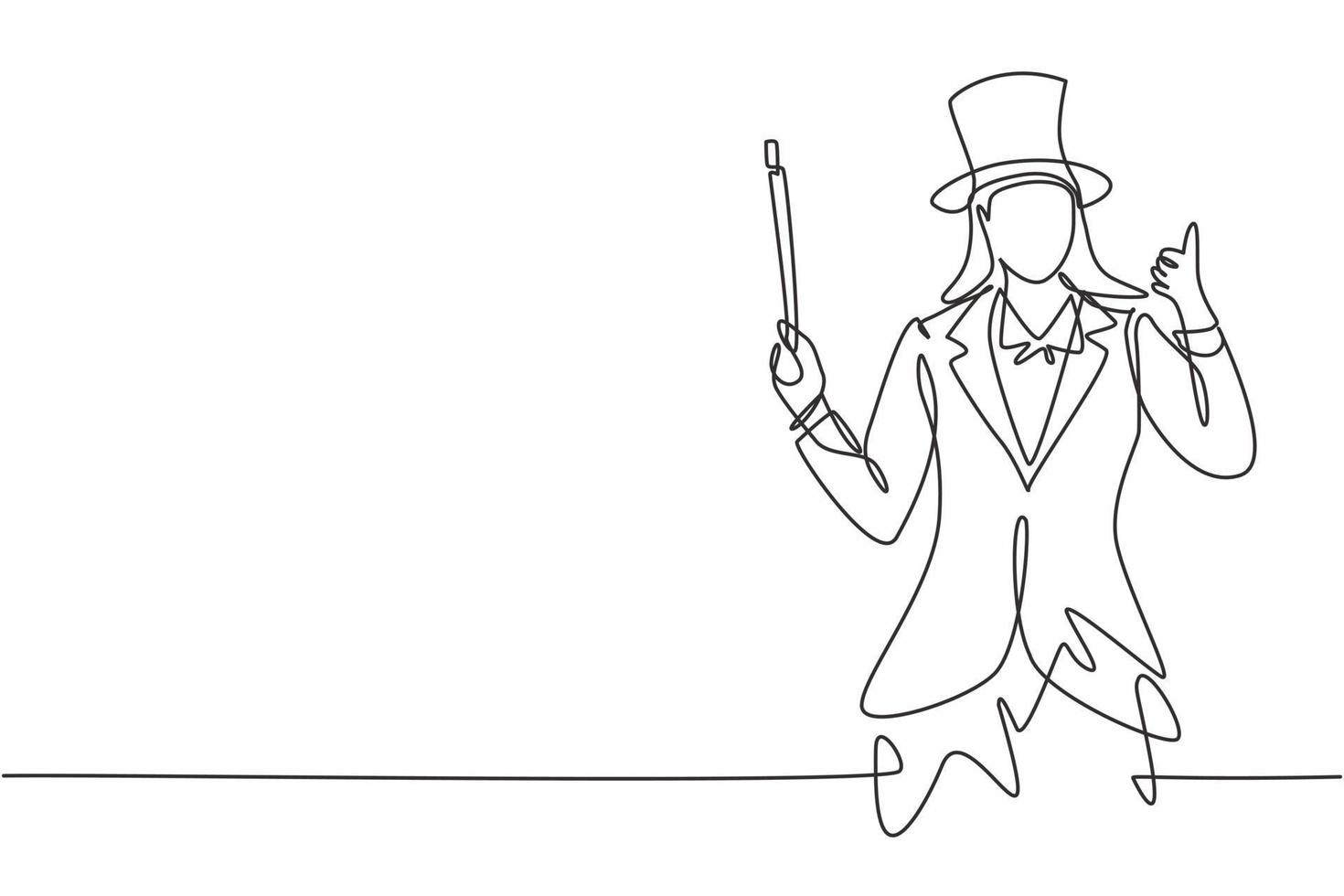Single one line drawing of female magician with a gesture thumbs up wearing a hat and holding a magic stick ready to entertain the audience. Continuous line draw design graphic vector illustration