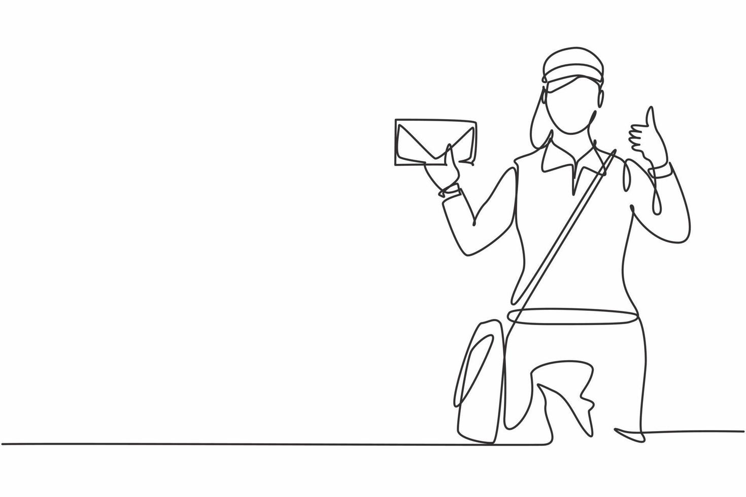 Continuous one line drawing postwoman wearing a hat and uniform with a thumbs-up gesture holds the envelope to work for delivery to homes. Single line draw design vector graphic illustration