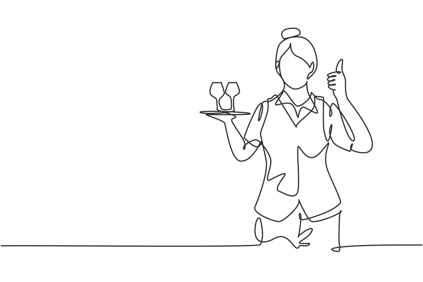 dibujo de una sola línea de camarera con un gesto de pulgar hacia arriba y trajo una bandeja de vasos para beber que sirve a los visitantes en la cafetería. Ilustración de vector gráfico de diseño de dibujo de línea continua moderna