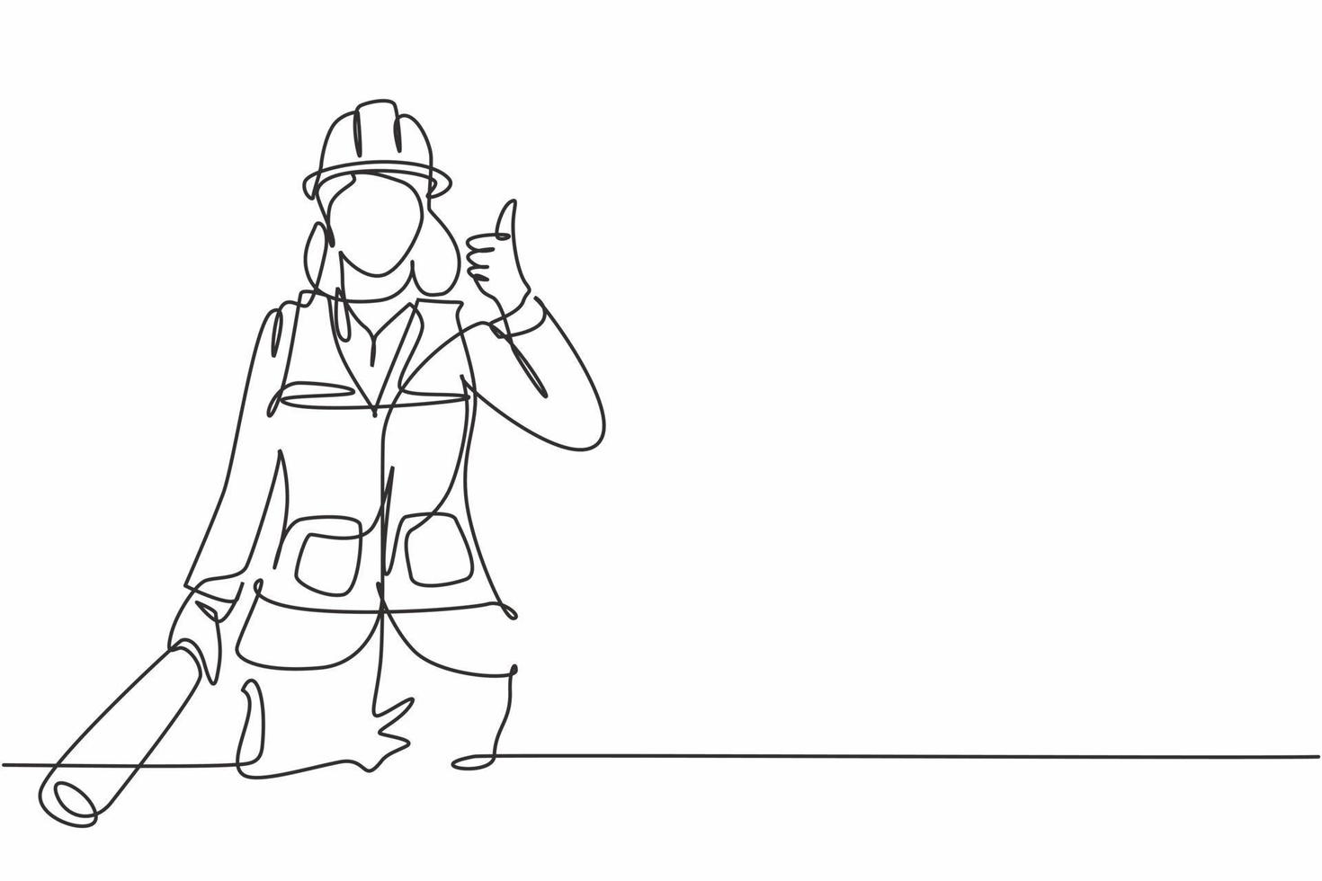 Continuous one line drawing female architect with a gesture of raising his thumb and wearing a helmet carried a building construction drawing paper. Single line draw design vector graphic illustration