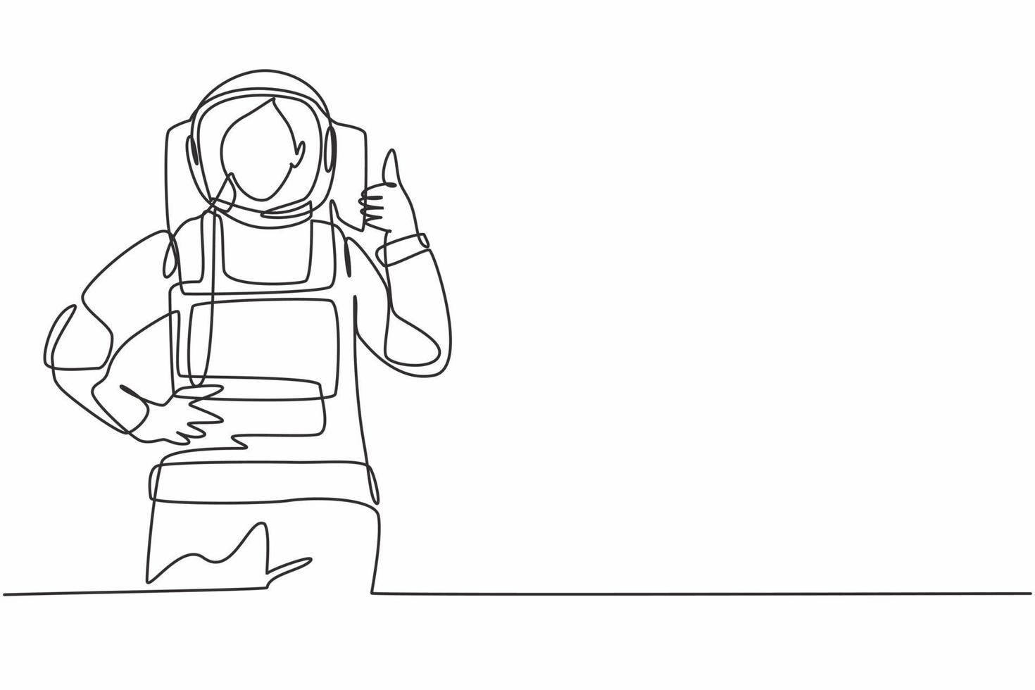 Single one line drawing of female astronauts with a thumbs-up gesture wearing spacesuits to explore space in search the mysteries of universe. Continuous line draw design graphic vector illustration