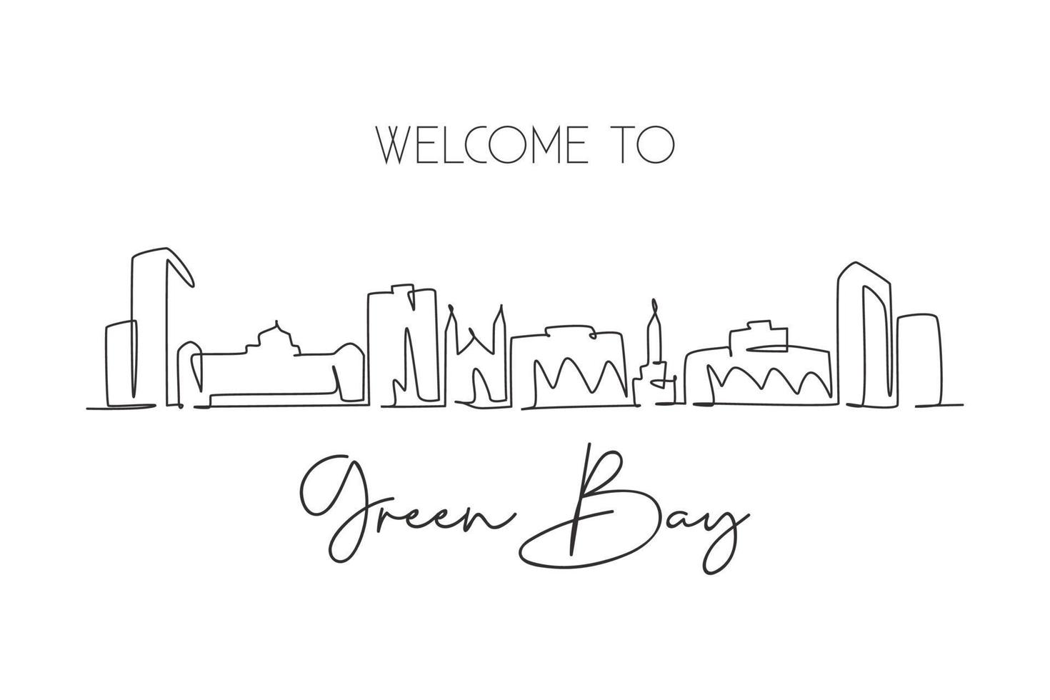 Single continuous line drawing of Green Bay skyline, Wisconsin. Famous city scraper landscape. World travel home wall decor art poster print concept. Modern one line draw design vector illustration