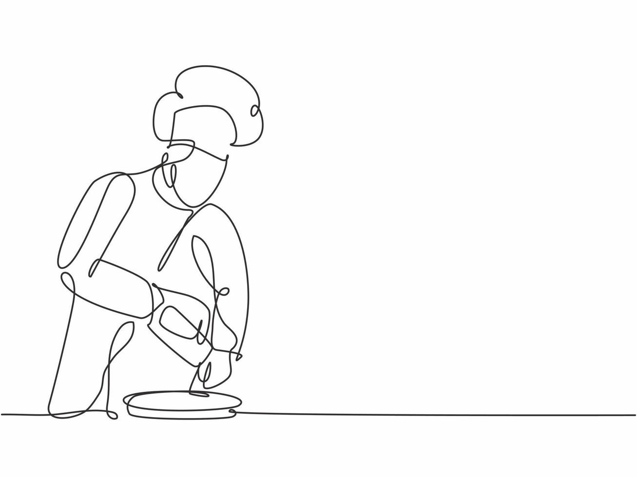 dibujo de una sola línea del joven chef masculino feliz sal y pimienta con gas en un filete de ternera en una sartén en la cocina comercial. plantilla moderna una línea dibujada a mano ilustración vectorial estilo minimalista vector