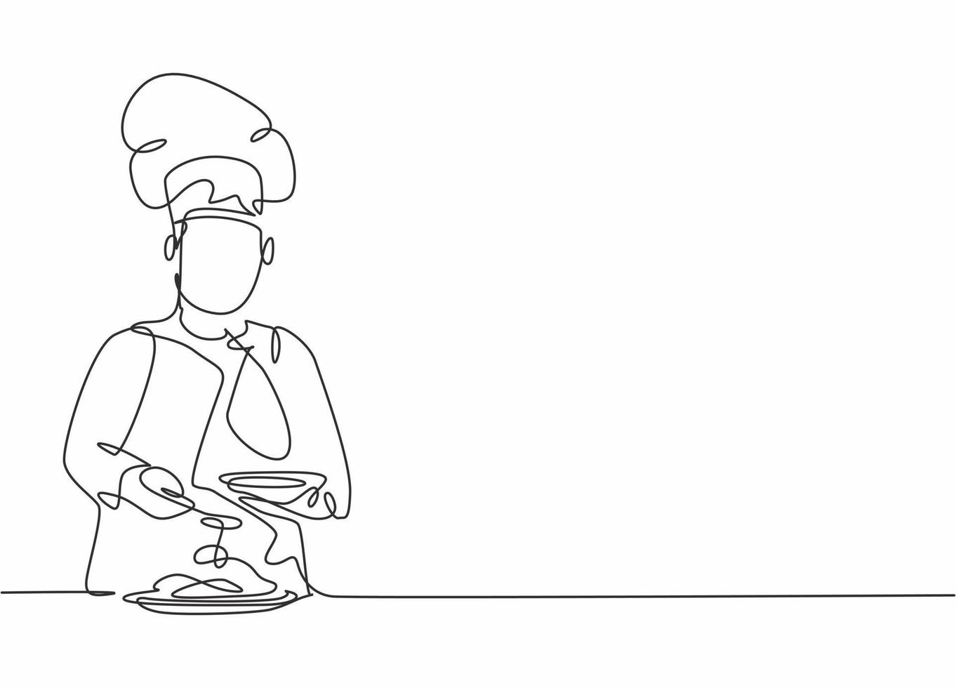 Single continuous line drawing of young happy male chef pouring sauce on main dish to serve to customer. Preparing healthy food concept one line drawing design vector minimalism illustration