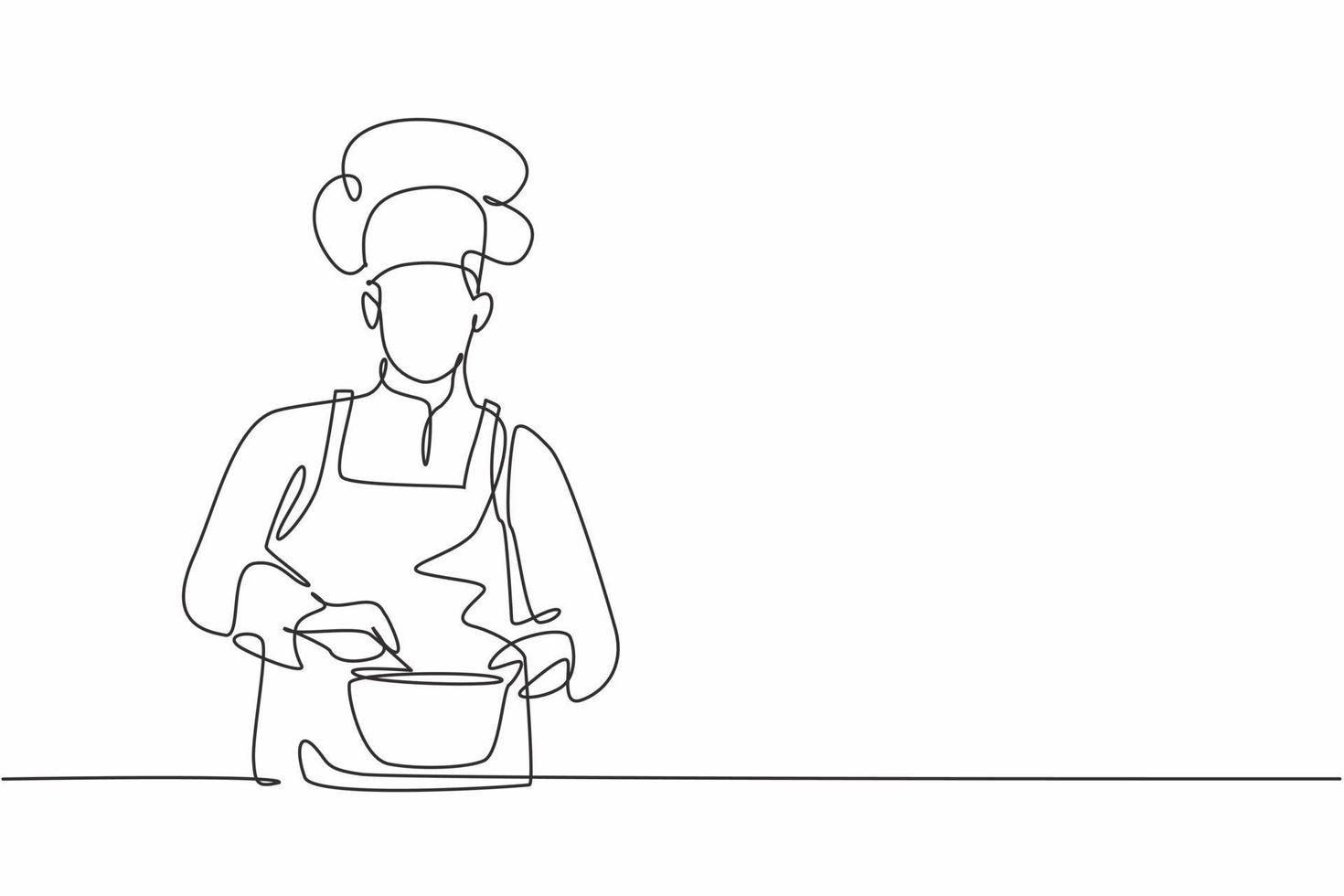 Single one line drawing of young handsome male chef stirring soup on pan to mix seasoning. Healthy organic vegan food modern template one line hand drawn vector illustration minimalism style