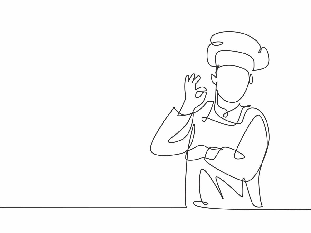 One continuous line drawing of young male chef pose casually while giving excellent food taste gesture. Restaurant banner concept single line draw design vector illustration with white background