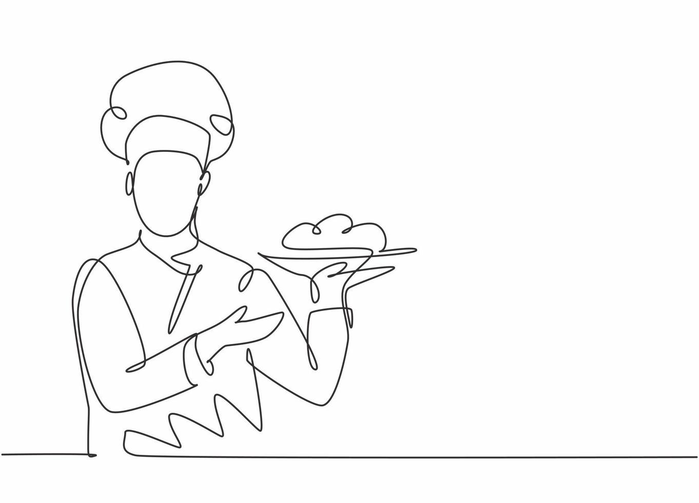 Continuous one line drawing of young attractive male chef holding main dish food tray and ready to serve to customer. Good resto service concept single line draw graphic design vector illustration