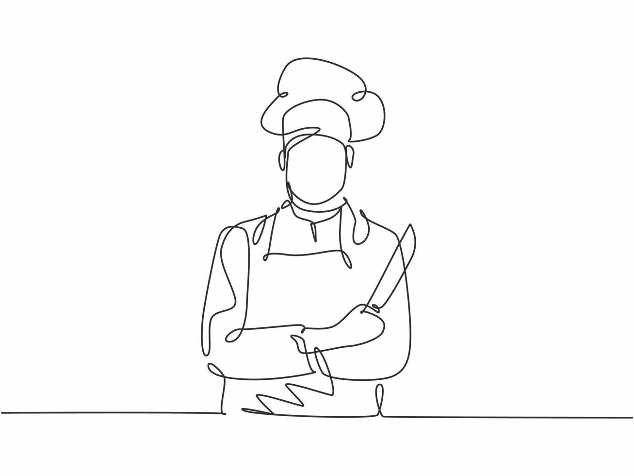 Single one line drawing of young confident handsome male chef holding kitchen knife and pose standing manly. Restaurant service excellent trendy one line hand drawn vector illustration minimalism