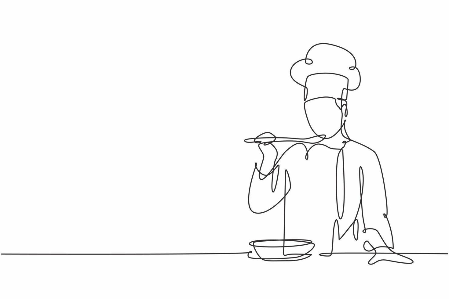 One continuous line drawing of young male chef tasting and smiling soup curry with wooden spoon. Healthy food preparation on commercial kitchen concept single line draw design vector illustration