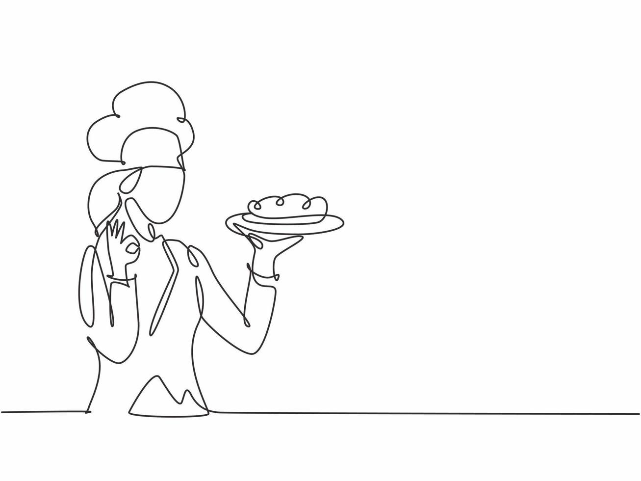 Single one line drawing young happy beauty female chef give tasting good gesture while serving main dish at restaurant. Delicious food taste trendy one line hand drawn vector illustration minimalism