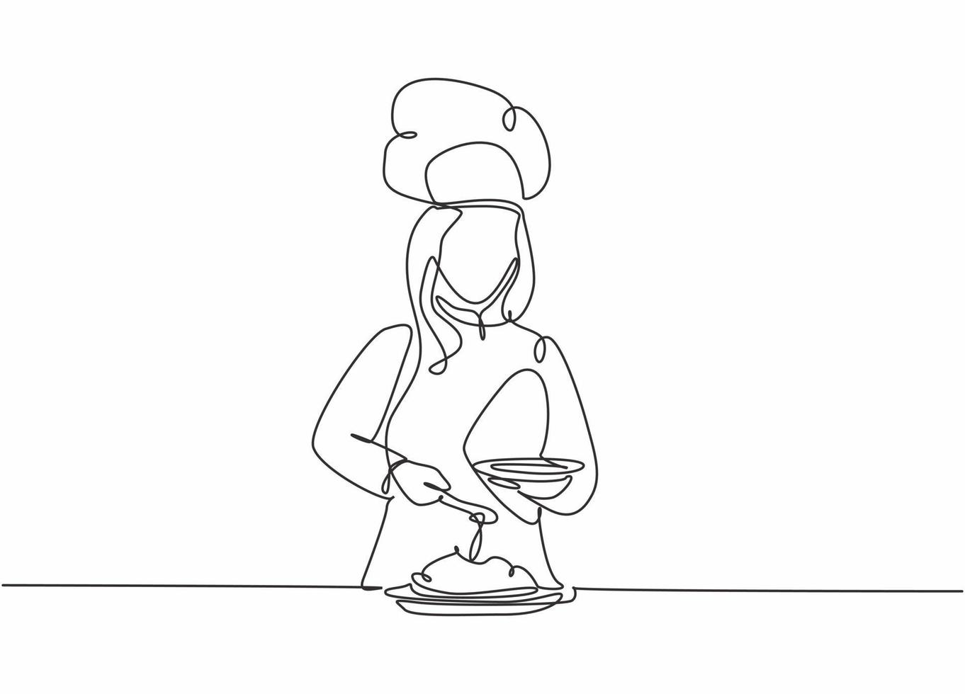 dibujo de línea continua única de joven chef mujer feliz vertiendo salsa en el plato principal para servir al cliente. preparación de alimentos saludables concepto de diseño de dibujo de una línea vector ilustración de minimalismo