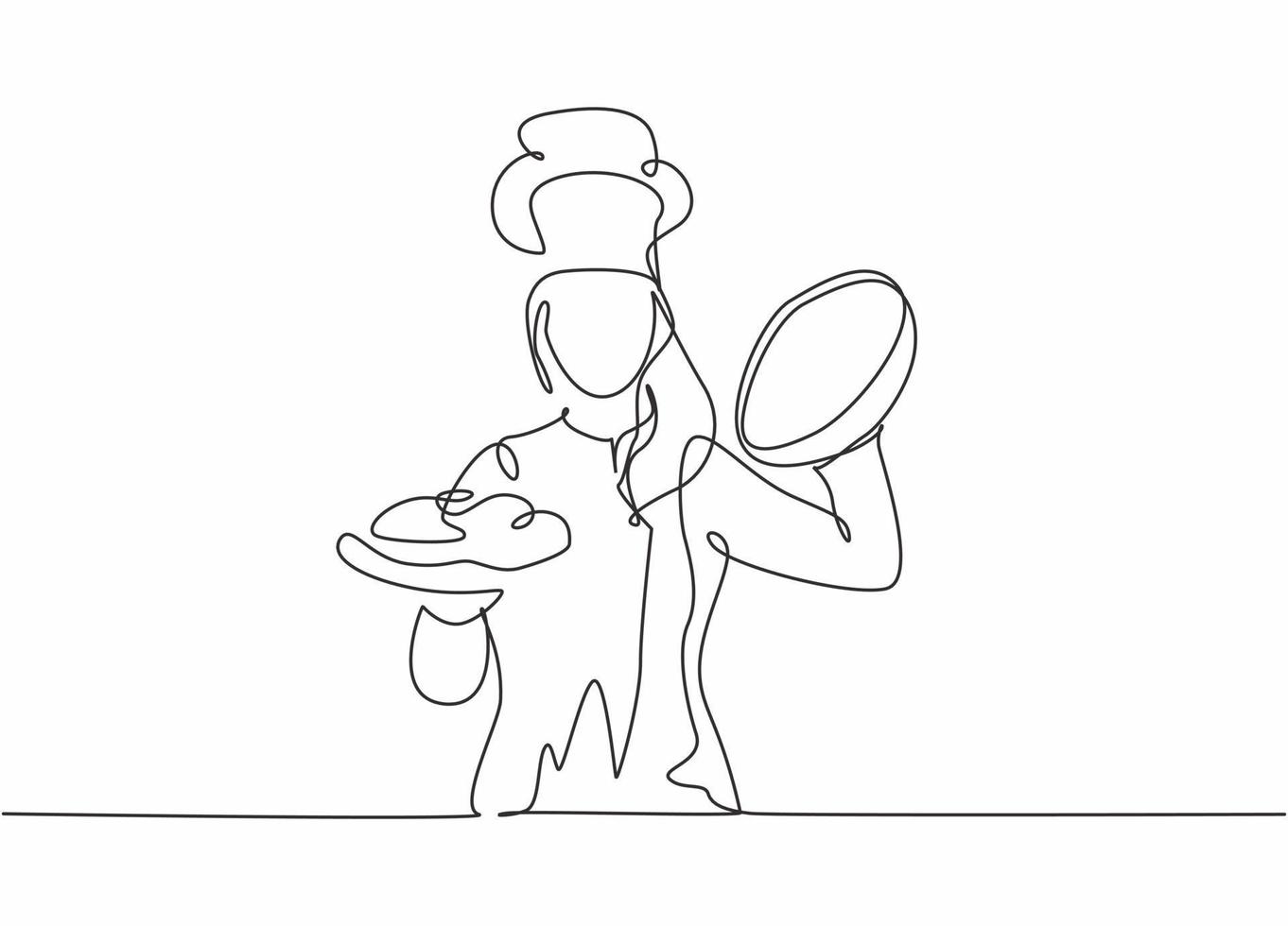 un dibujo de línea continua de una joven chef femenina abriendo una bandeja cloche para servir el plato principal al cliente en el restaurante del hotel. concepto de servicio excelente ilustración de vector de diseño de dibujo de línea única