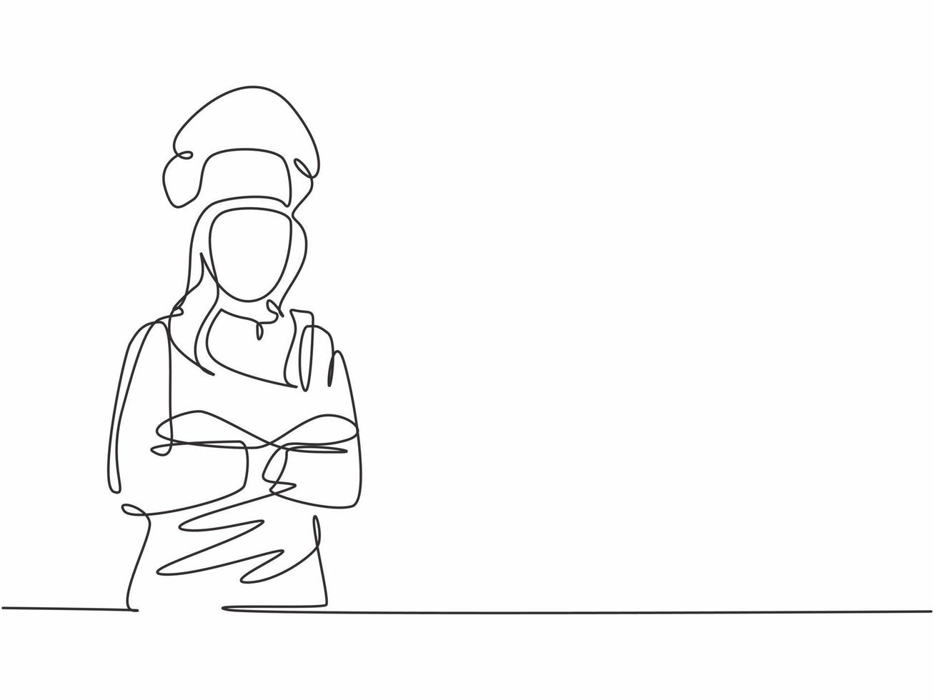 Single continuous line drawing of  young confident beauty female chef in uniform pose standing and crossing arm in chest. Resto banner model concept one line drawing design vector graphic illustration