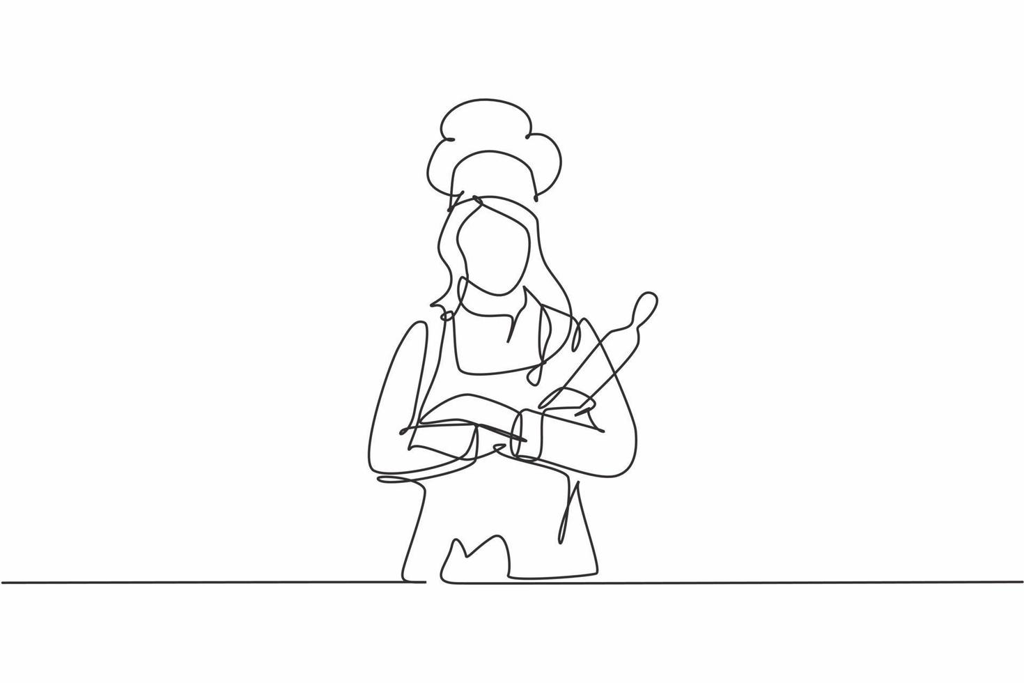 Continuous one line drawing of young attractive beauty female chef holding wood rolling pin while arm crossed on chest. Service excellent concept single line draw graphic design vector illustration