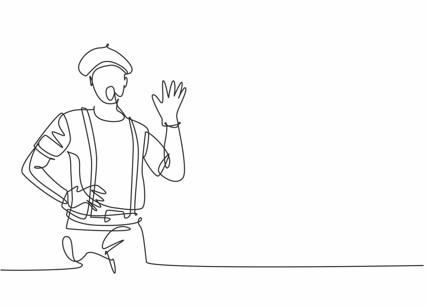 dibujo continuo de una línea de un joven mimo masculino haciendo un gesto con la mano para entretener a la audiencia. concepto minimalista de profesión de trabajo profesional. Ilustración gráfica de vector de diseño de dibujo de una sola línea