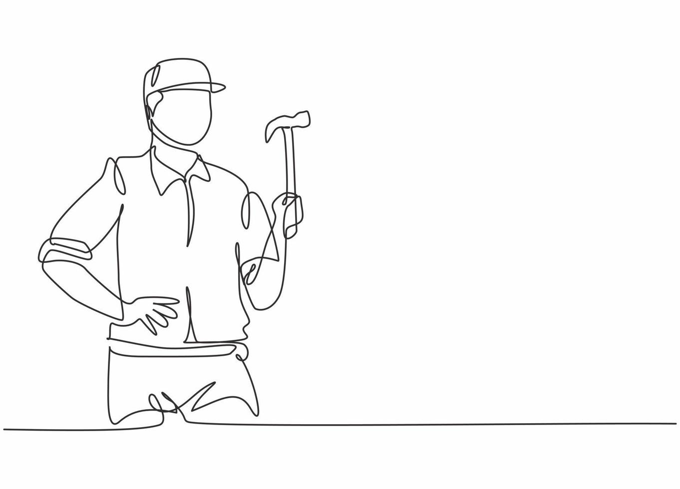 Single one line drawing of young handyman holding hammer ready to work. Professional job profession and occupation minimal concept. Continuous line draw design graphic vector illustration