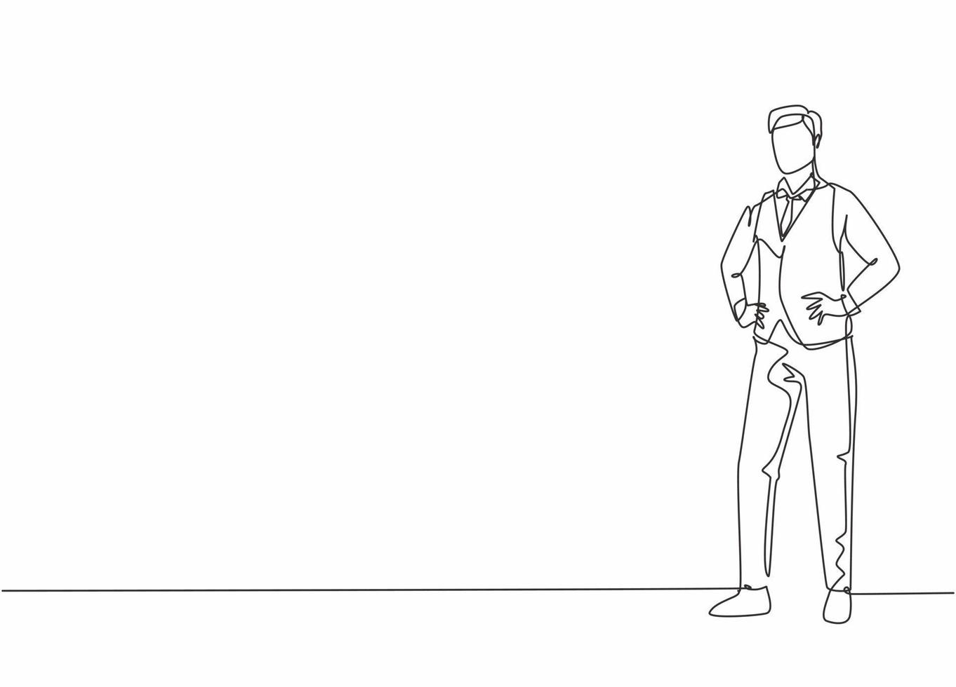 Single one line drawing of young male flight attendant pose standing at airplane. Professional work profession and occupation minimal concept. Continuous line draw design graphic vector illustration