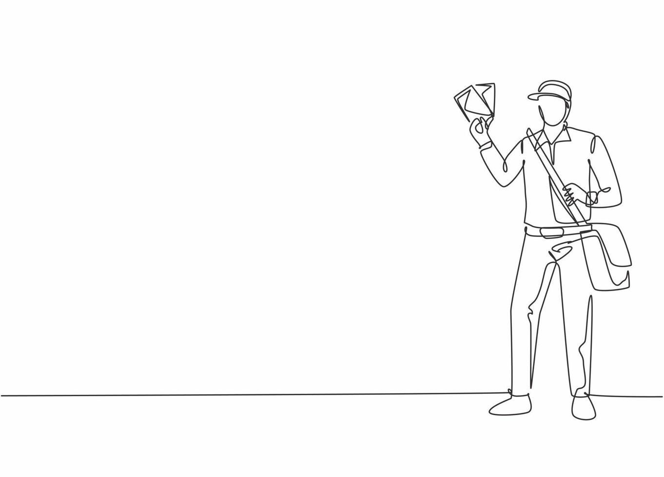 Continuous one line drawing of young mailman pose standing and holding envelopes while bringing bag. Professional job profession minimalist concept. Single line draw design vector graphic illustration