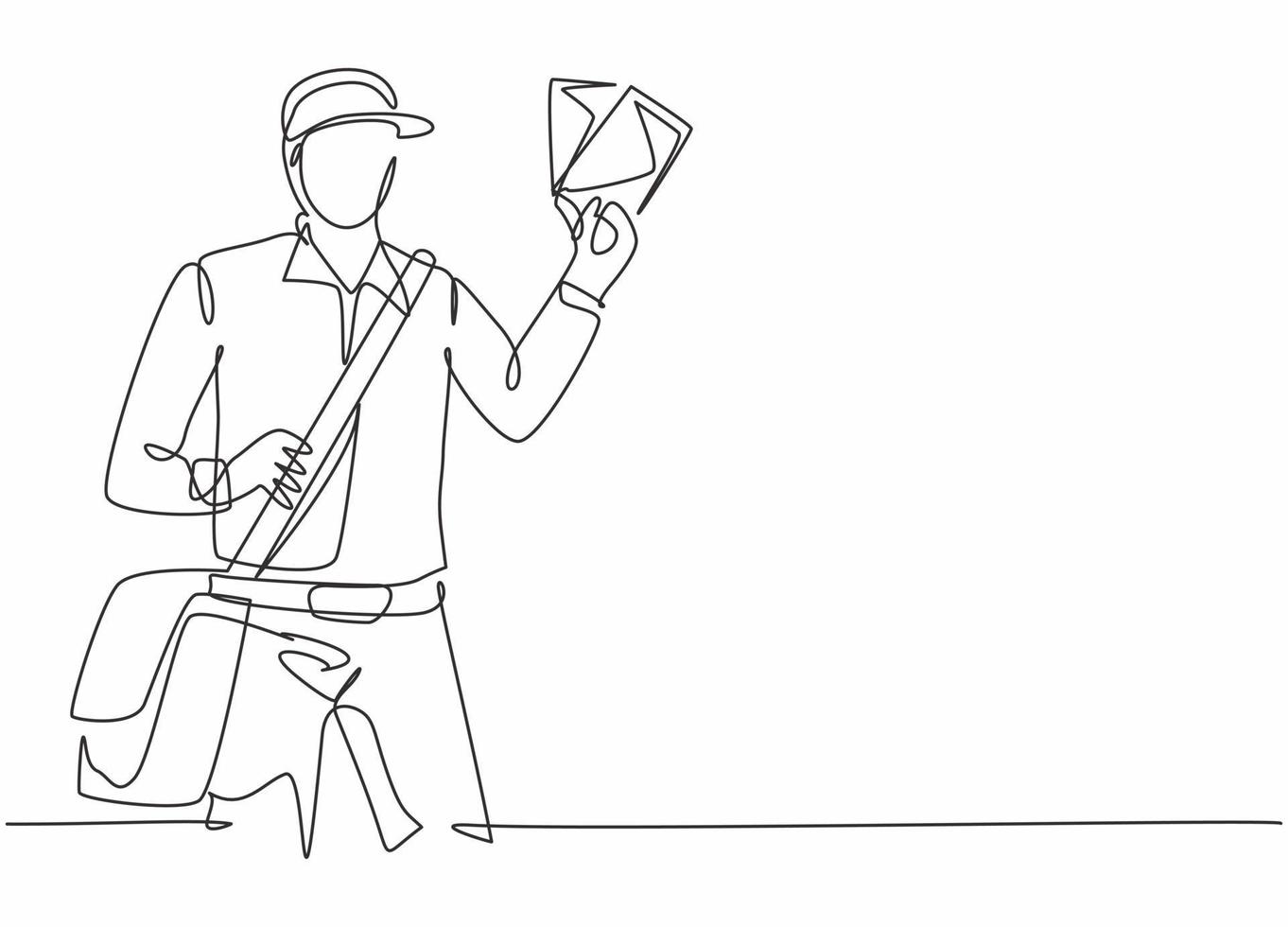 Single continuous line drawing of young postman holding envelopes to be sent to customer. Professional work job occupation. Minimalism concept one line draw graphic design vector illustration