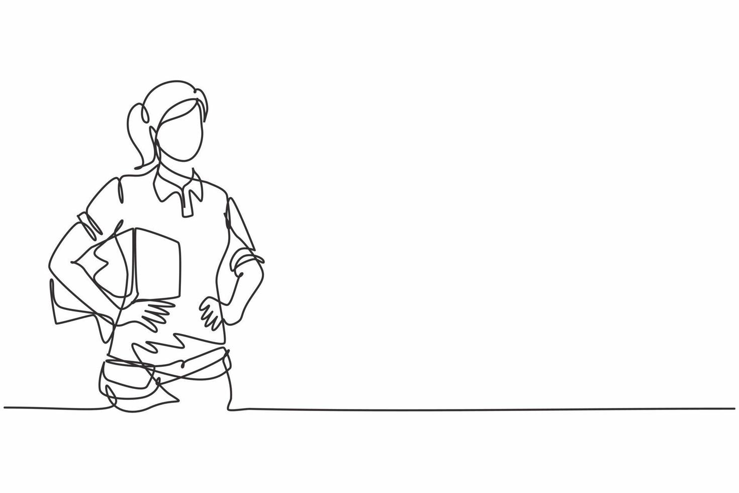 Single one line drawing of young delivery woman posing with hands hold box on hip. Professional work profession and occupation minimal concept. Continuous line draw design graphic vector illustration