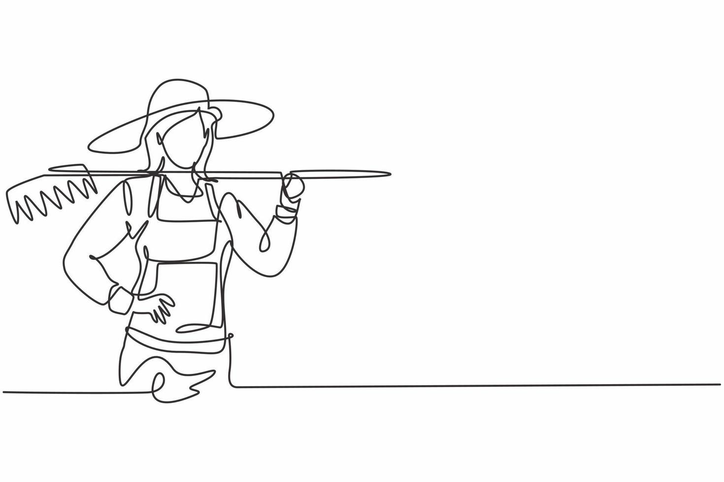 Single one line drawing young female farmer holding fork posing with hands on hip. Professional work profession and occupation minimal concept. Continuous line draw design graphic vector illustration