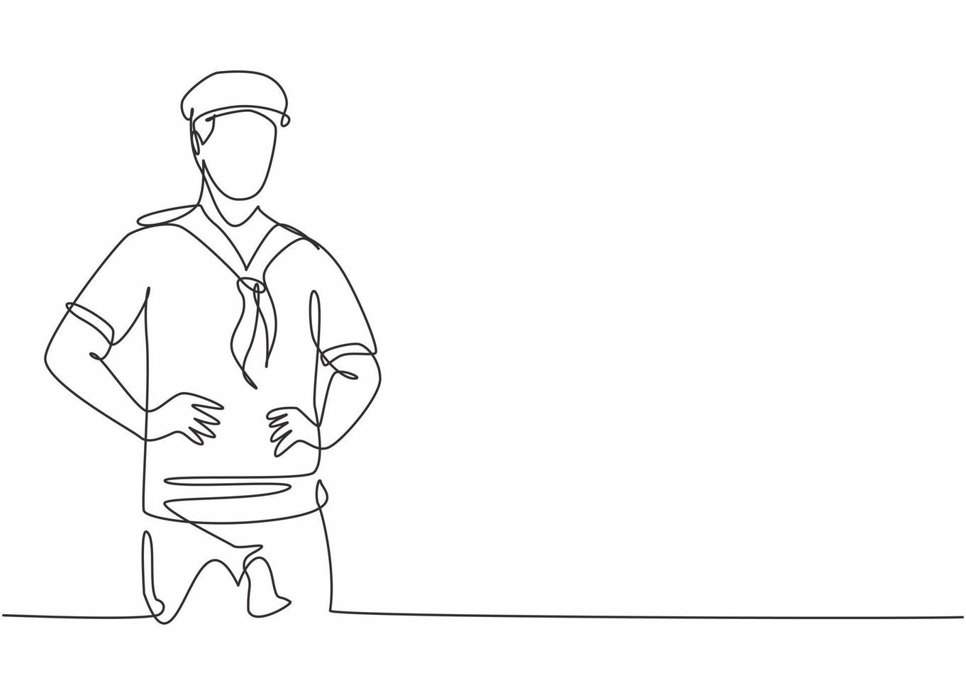 Continuous one line drawing of young sailor man wearing sailing uniform with hat before have a sail. Professional job profession minimalist concept. Single line draw design vector graphic illustration