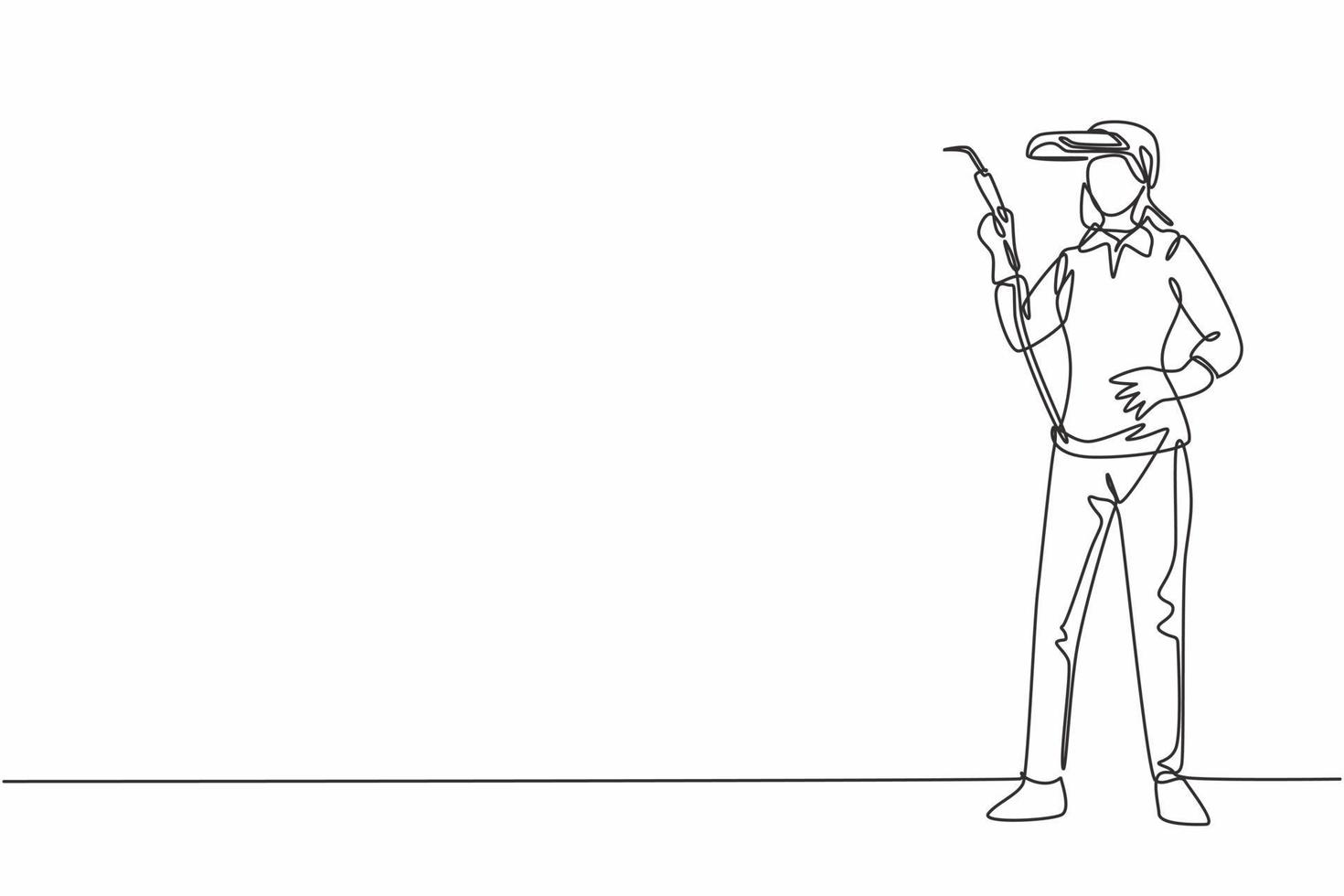 Continuous one line drawing of young beauty female welder holding weld nozzle with hands on hip. Professional job profession minimalist concept. Single line draw design vector graphic illustration