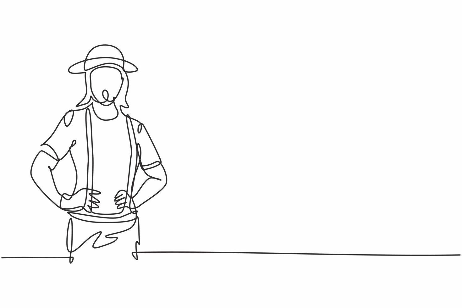 Single continuous line drawing of young female mime artist holding hands on hip. Professional work job occupation. Minimalism concept one line draw graphic design vector illustration