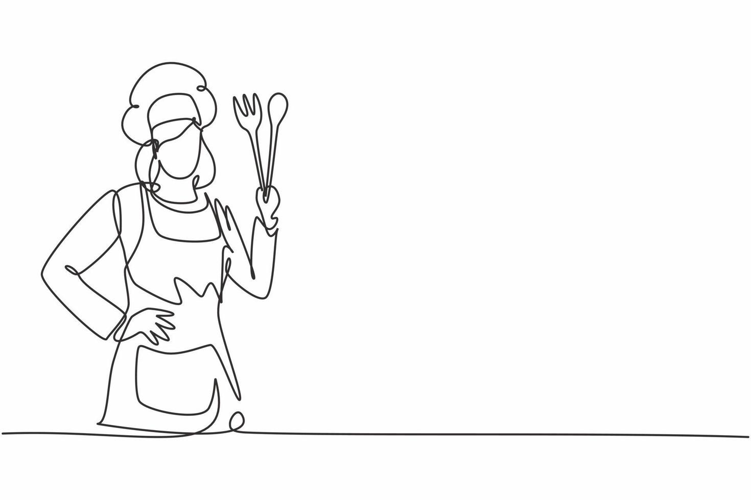 Single one line drawing of young beauty female chef posing with hands on hip. Professional work profession and occupation minimal concept. Continuous line draw design graphic vector illustration