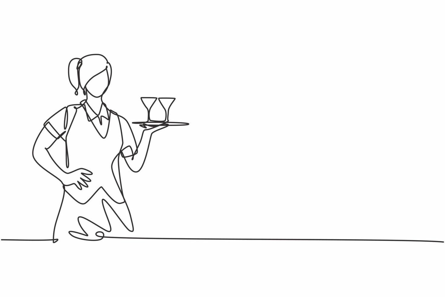 dibujo continuo de una línea de camarera joven que trae el vaso en la bandeja con las manos en la cadera. concepto minimalista de profesión de trabajo profesional. Ilustración gráfica de vector de diseño de dibujo de una sola línea