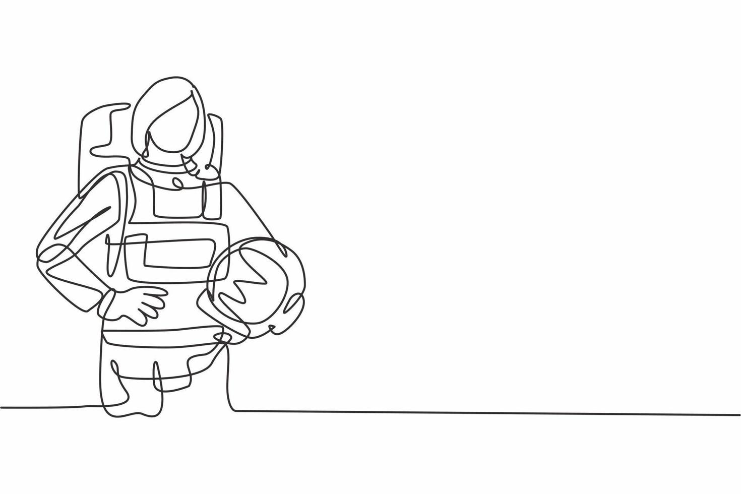dibujo de línea continua única de la joven y bella mujer astronauta cogidos de la mano en la cadera. ocupación de trabajo de trabajo profesional. concepto de minimalismo dibujo de una línea diseño gráfico ilustración vectorial vector