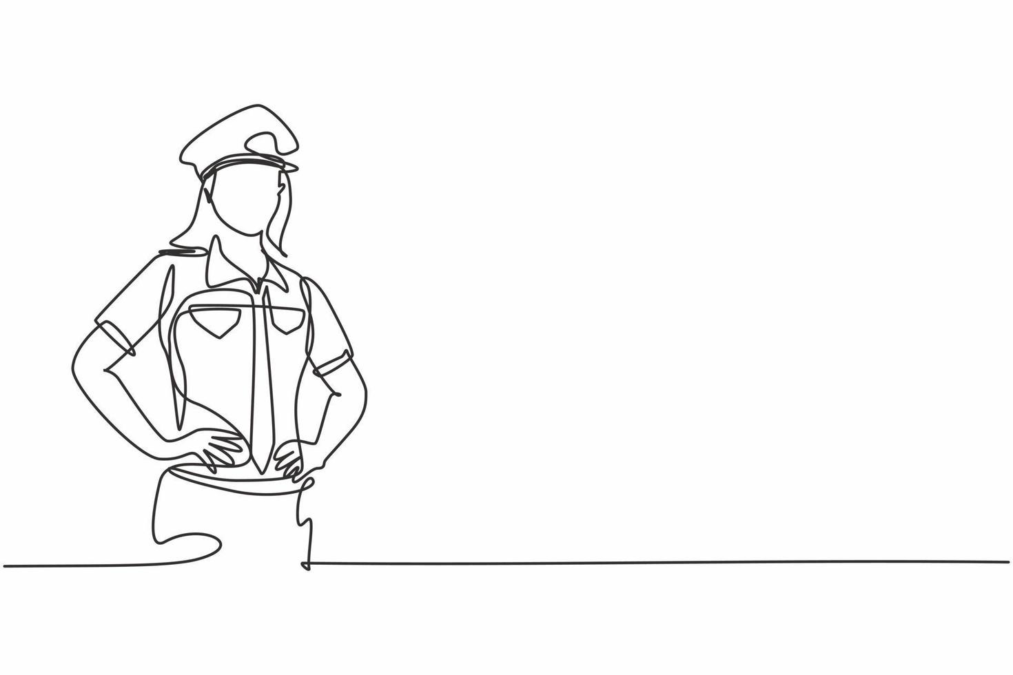 Continuous one line drawing of young beauty female police on uniform standing with hands on hip. Professional job profession minimalist concept. Single line draw design vector graphic illustration