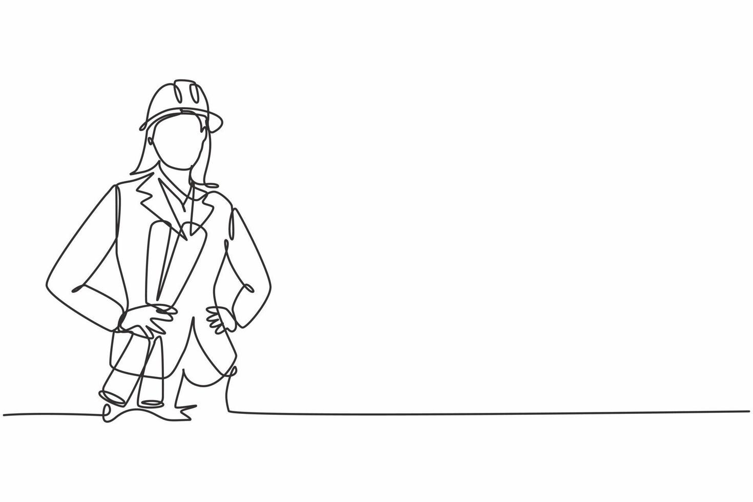 Single continuous line drawing of young beautiful female architect on suit holding hands on hip. Professional work job occupation. Minimalism concept one line draw graphic design vector illustration