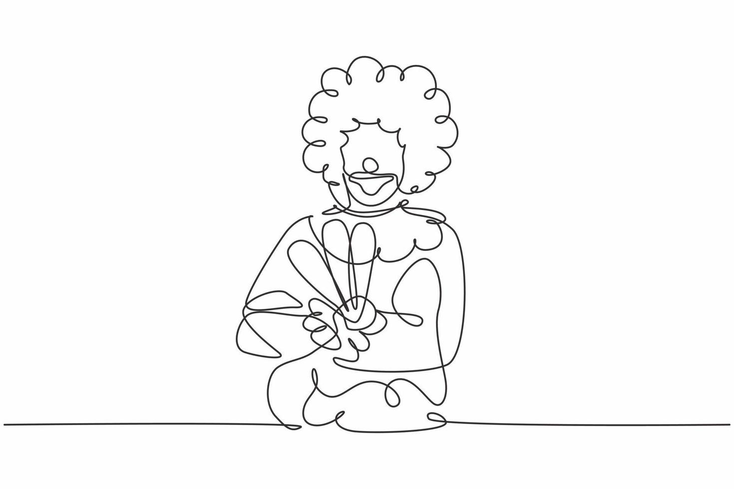 Single one line drawing of young funny male clown pose cross arm on chest. Professional work profession and occupation minimal concept. Continuous line draw design graphic vector illustration