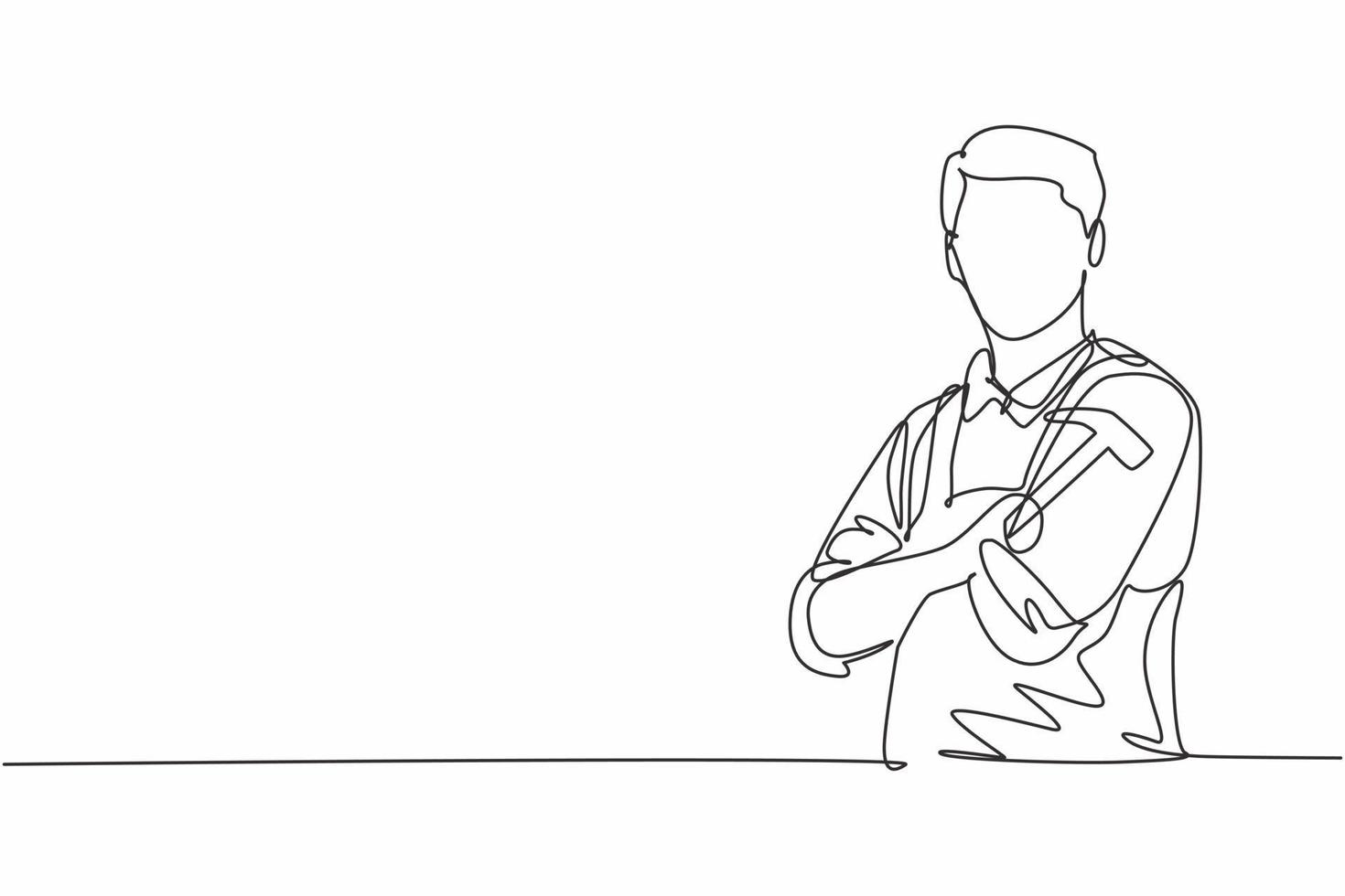 Single one line drawing young male carpenter cross arm on chest and holding hammer. Professional work profession and occupation minimal concept. Continuous line draw design graphic vector illustration