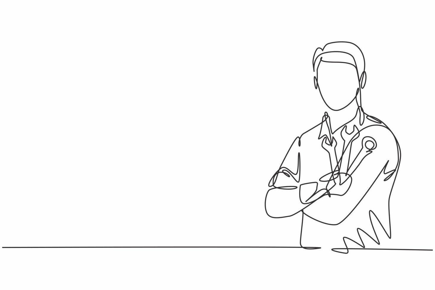Single one line drawing of young male mechanic posing cross arm on chest. Professional work profession and occupation minimal concept. Continuous line draw design graphic vector illustration