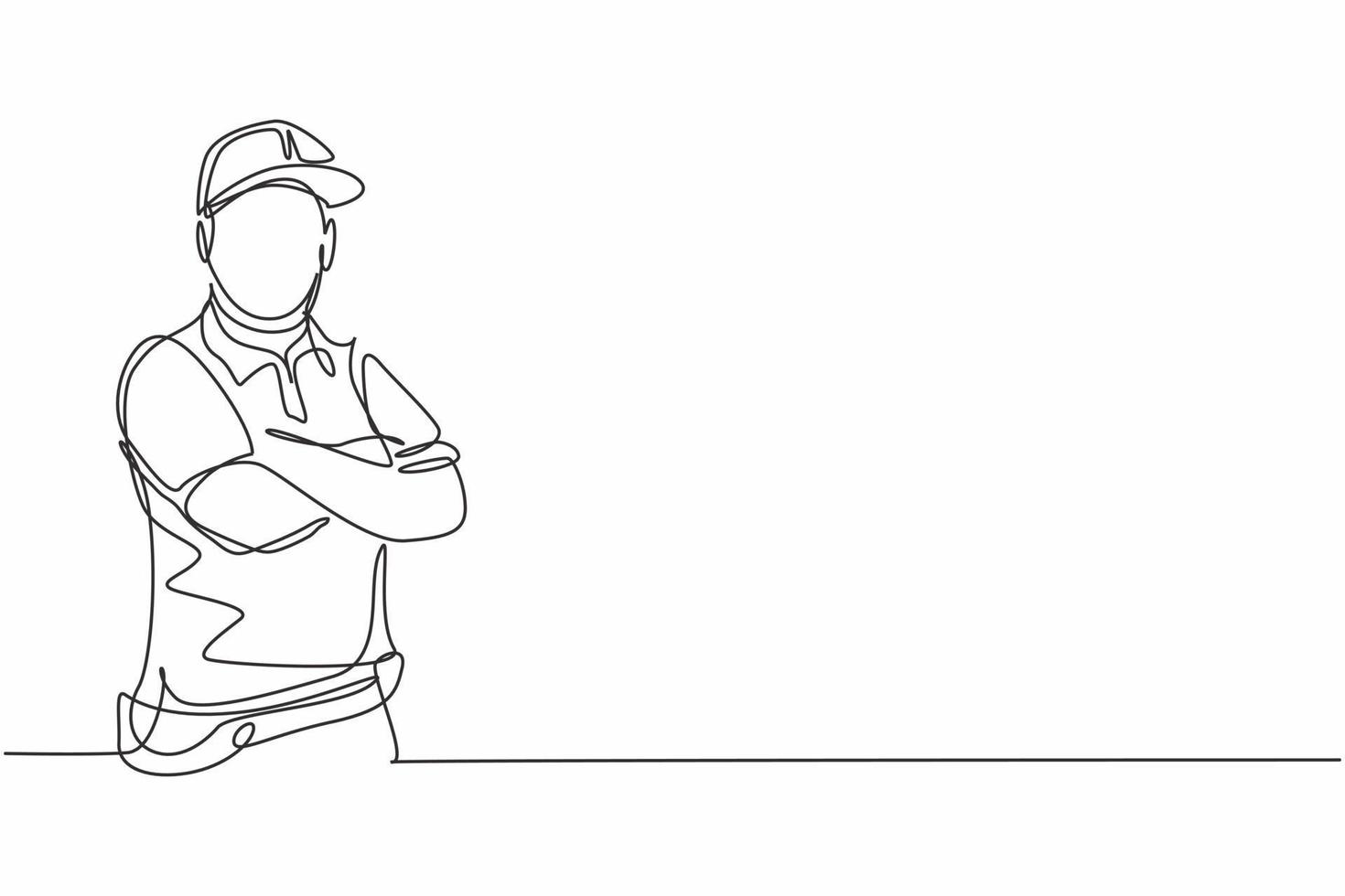 Continuous one line drawing of young delivery man with uniform posing cross his hands on chest. Professional job profession minimalist concept. Single line draw design vector graphic illustration