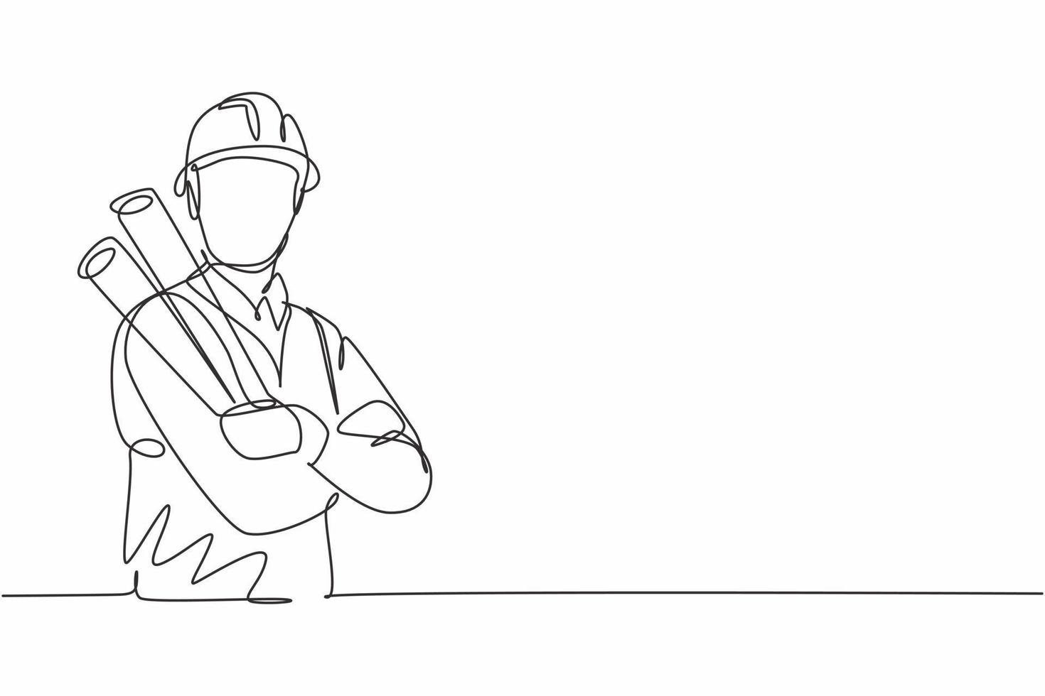 Single one line drawing young male architect cross arm on chest hold blueprint paper. Professional work profession occupation minimal concept. Continuous line draw design graphic vector illustration