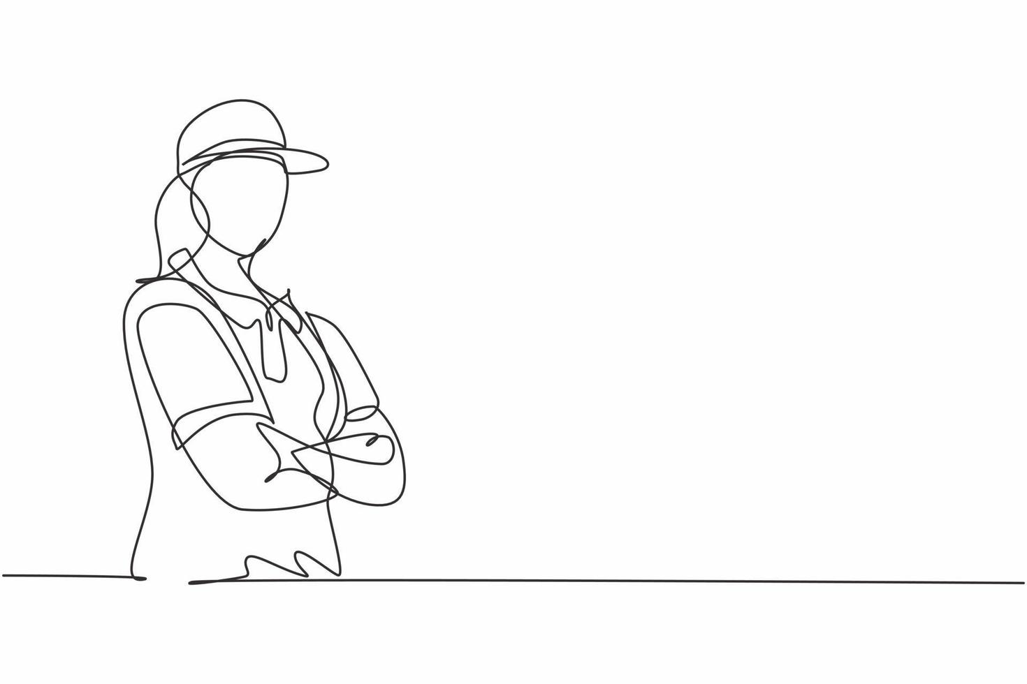 Continuous one line drawing of young deliverywoman posing crossed arms on chest before working. Professional job profession minimalist concept. Single line draw design vector graphic illustration