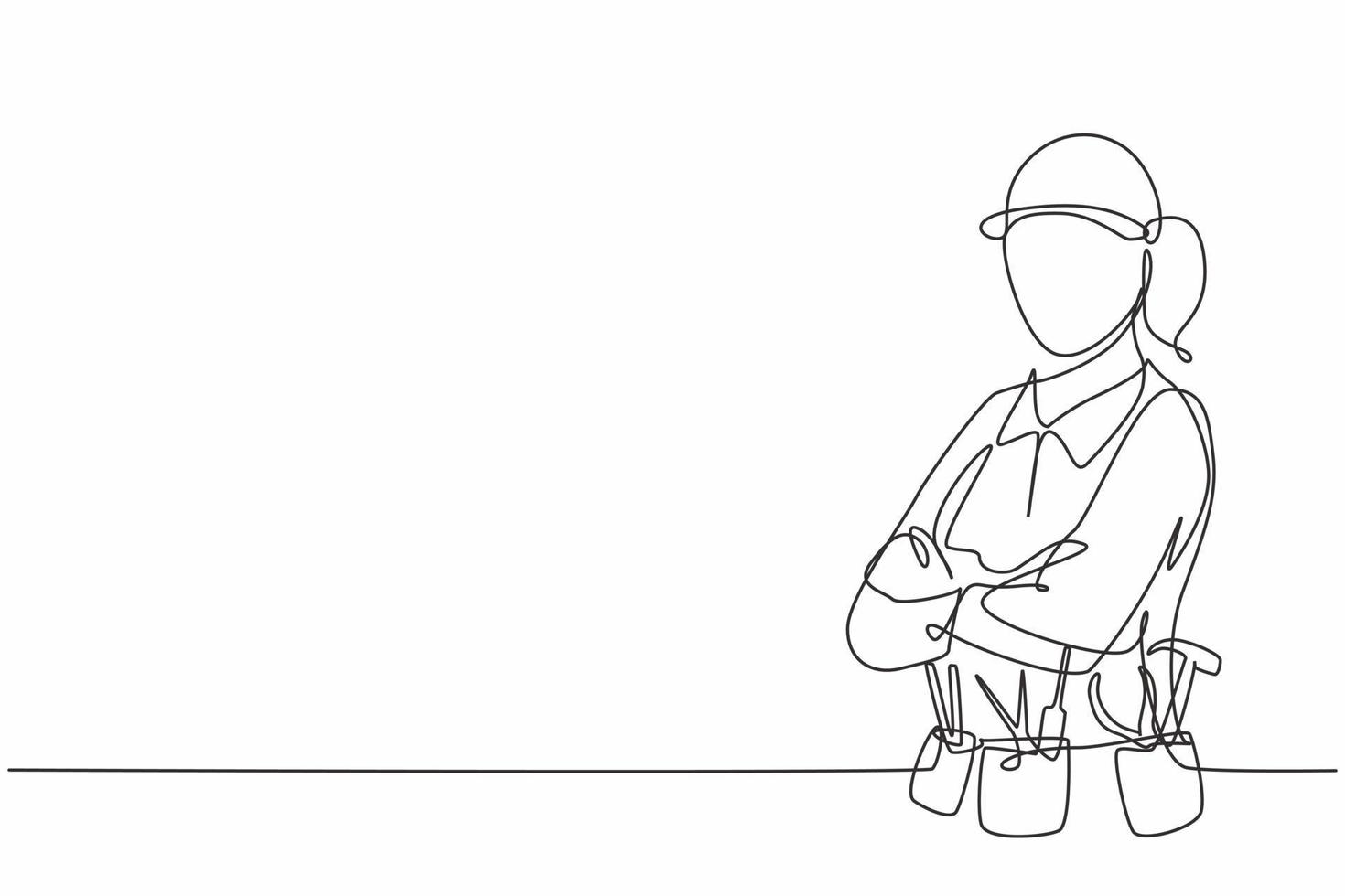 Continuous one line drawing of young handy woman pose cross arms on chest before going to work. Professional job profession minimalist concept. Single line draw design vector graphic illustration