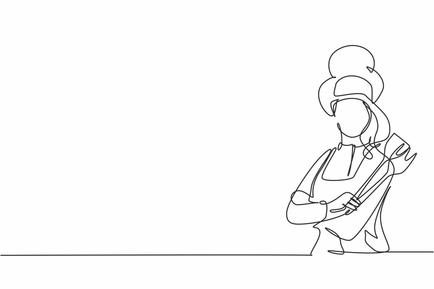 Single continuous line drawing of young female posing cross arm while holding fork and spoon. Professional work job occupation. Minimalism concept one line draw graphic design vector illustration