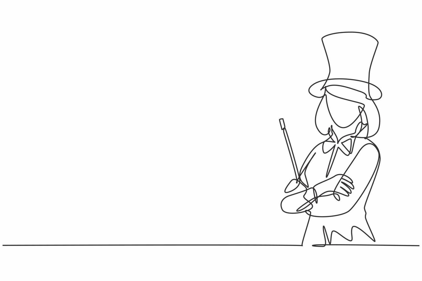 Single one line drawing of young female magician on tuxedo holding magic wand. Professional work profession and occupation minimal concept. Continuous line draw design graphic vector illustration