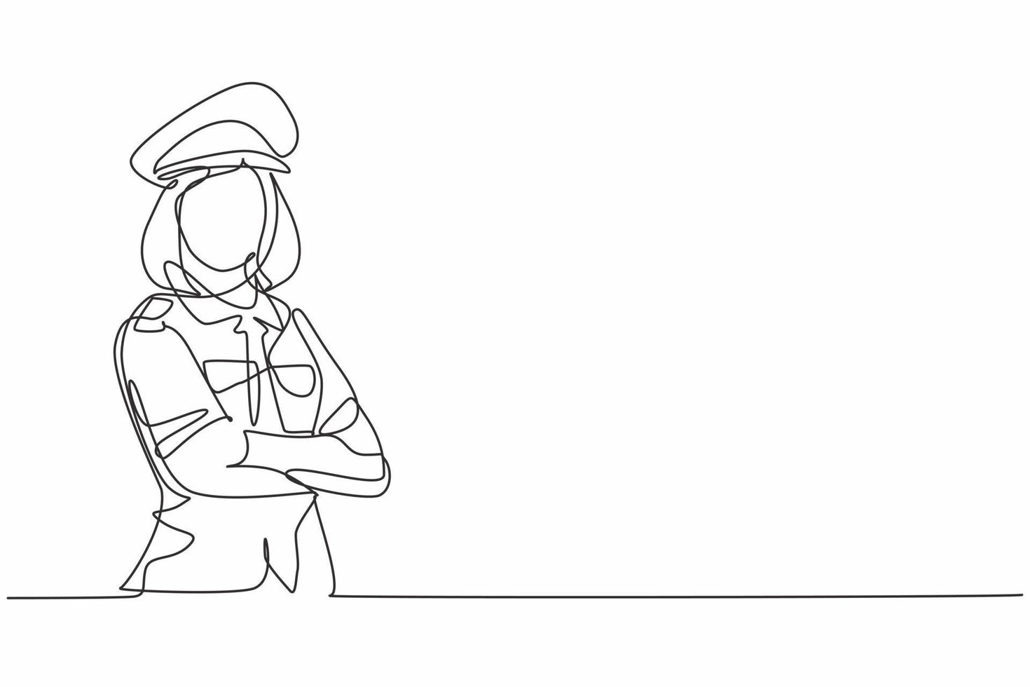 Single one line drawing of young beauty female pilot in uniform cross arm on chest. Professional work profession and occupation minimal concept. Continuous line draw design graphic vector illustration