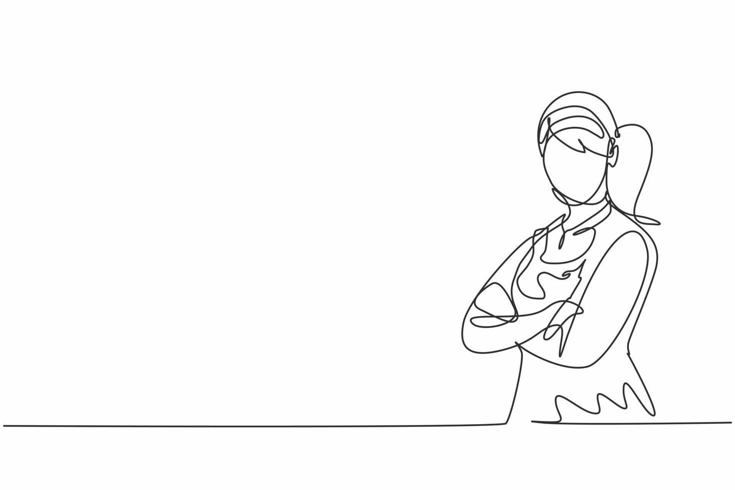 Single one line drawing of young female hotel maid pose cross arms on chest. Professional work profession and occupation minimal concept. Continuous line draw design graphic vector illustration