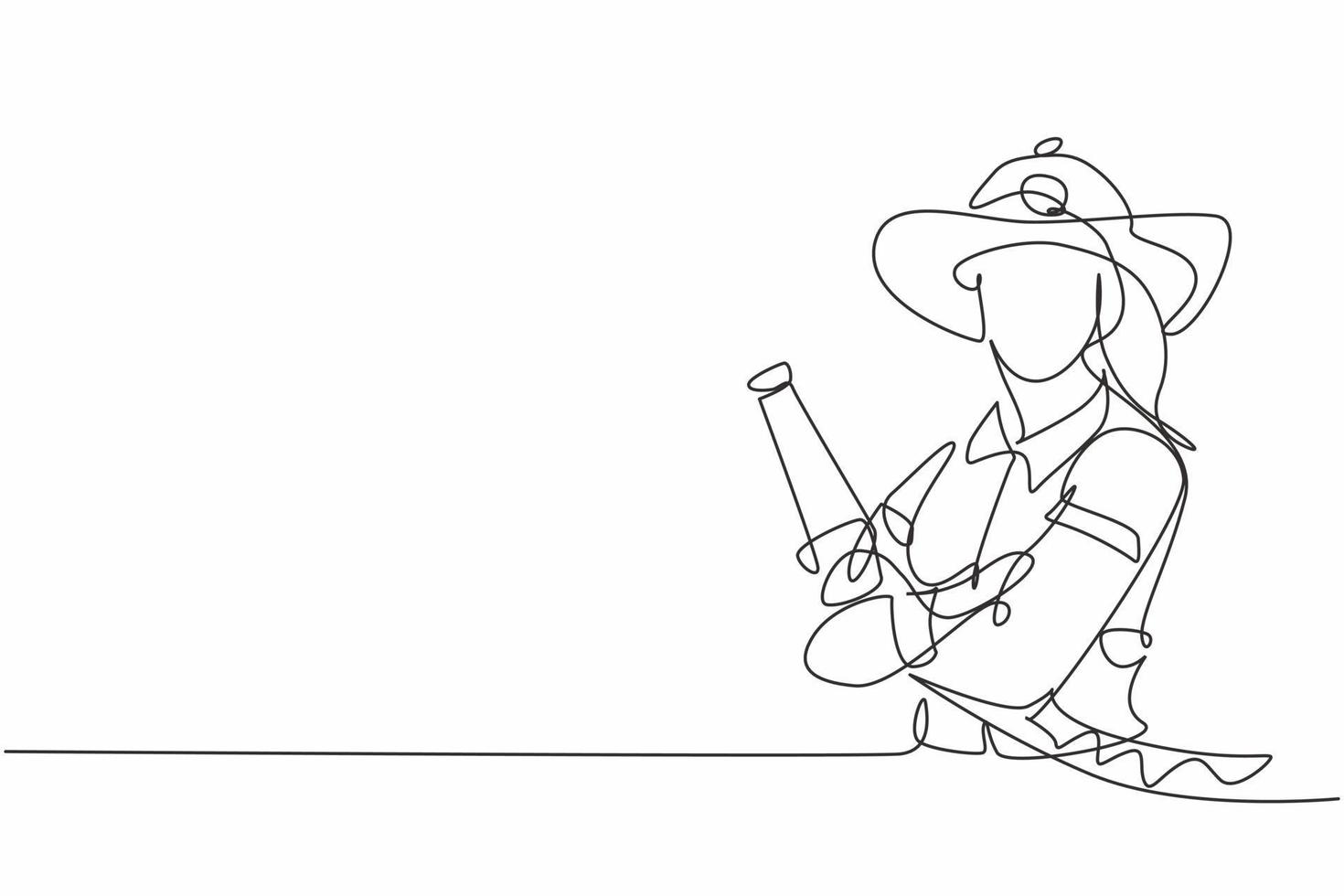 Single one line drawing of young female firefighter holding water nozzle. Professional work profession and occupation minimal concept. Continuous line draw design graphic vector illustration