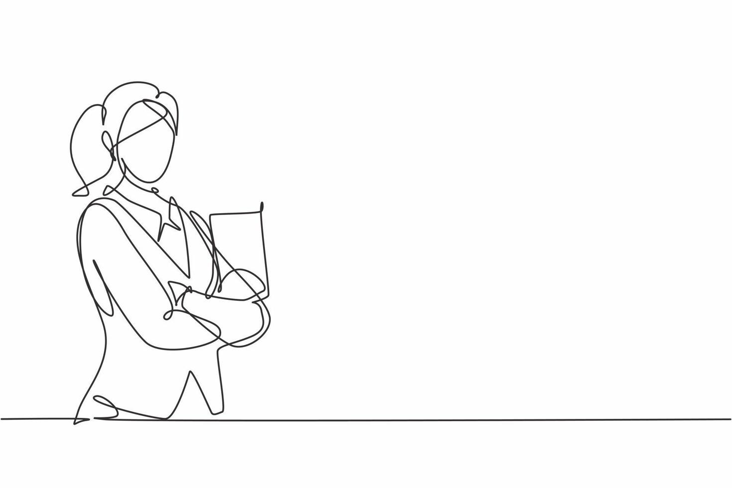 Continuous one line drawing young female waitress holding resto menu and posing cross arms on chest. Professional job profession minimalist concept. Single line draw design vector graphic illustration