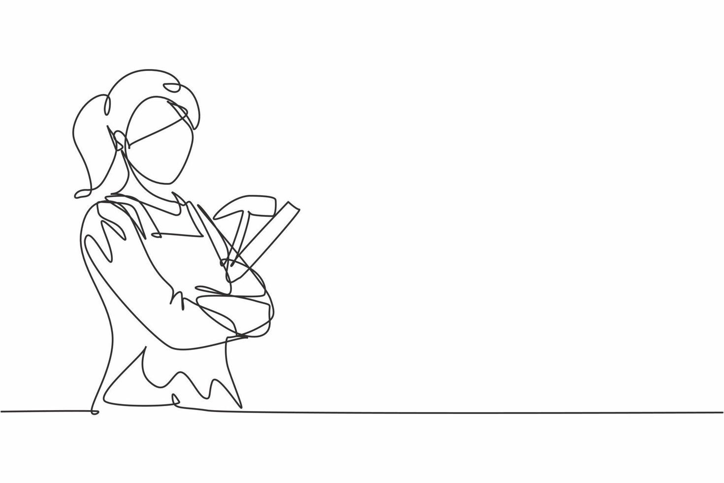 Single one line drawing of young female carpenter holding hammer pose cross arms. Professional work profession and occupation minimal concept. Continuous line draw design graphic vector illustration