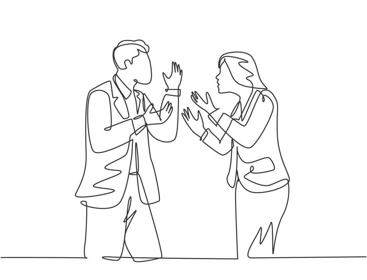 Single continuous line drawing of young angry businessman and businesswoman debating business project at the office. Business deal failure concept one line graphic draw design vector illustration