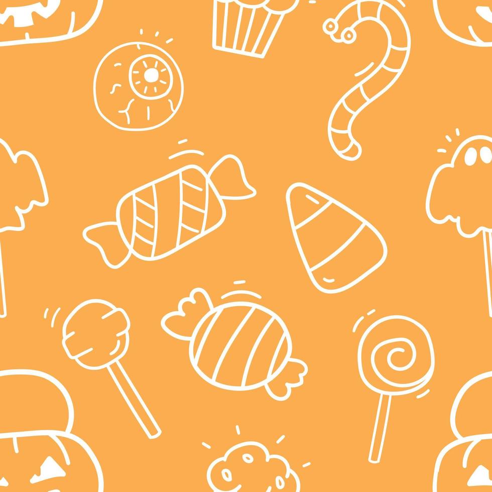 Halloween trick or treat dulces de patrones sin fisuras, estilo de dibujos animados lindo dibujado a mano. vector